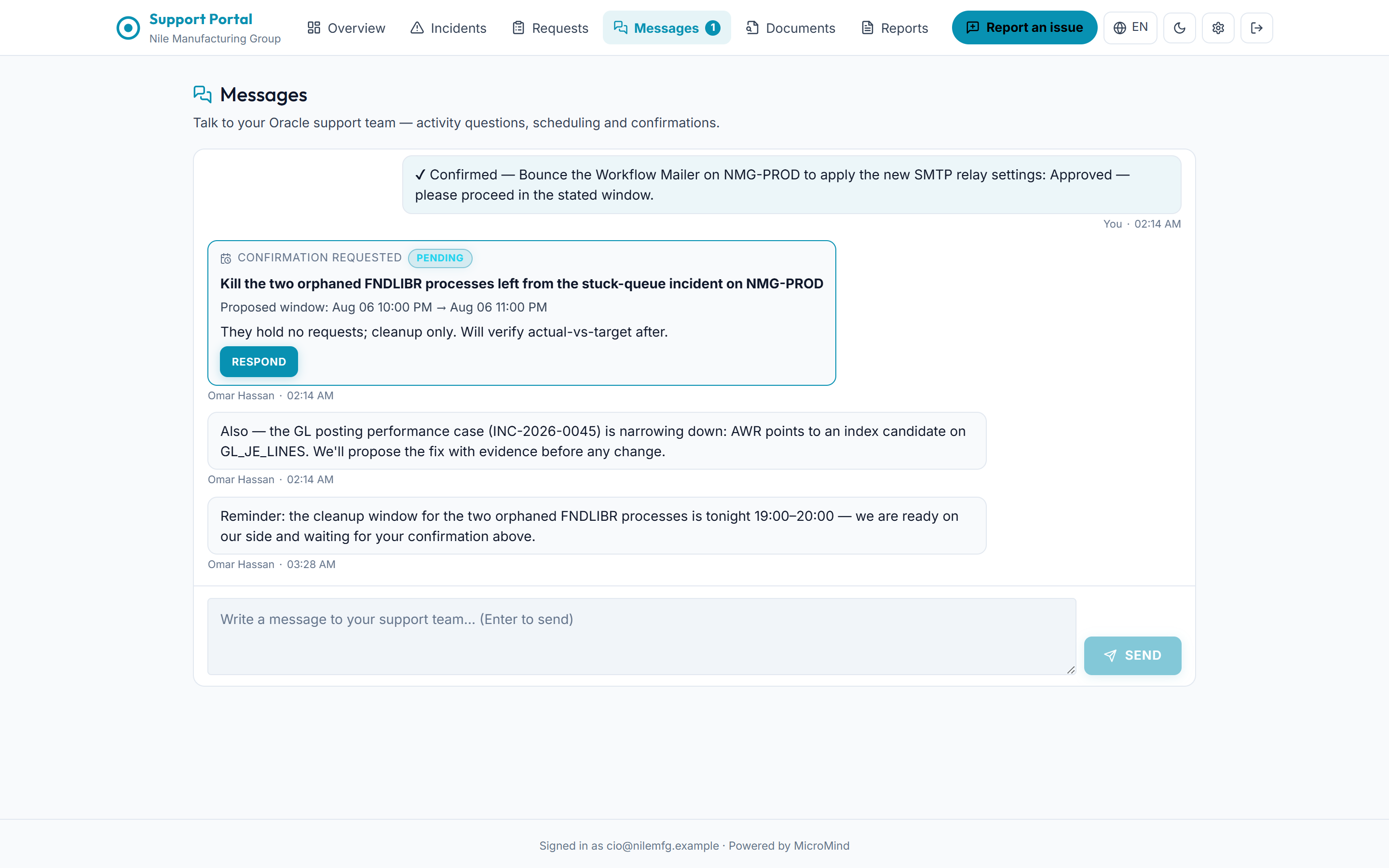 The OTeam portal messages view, showing a confirmation request recorded with the approver’s name and the time