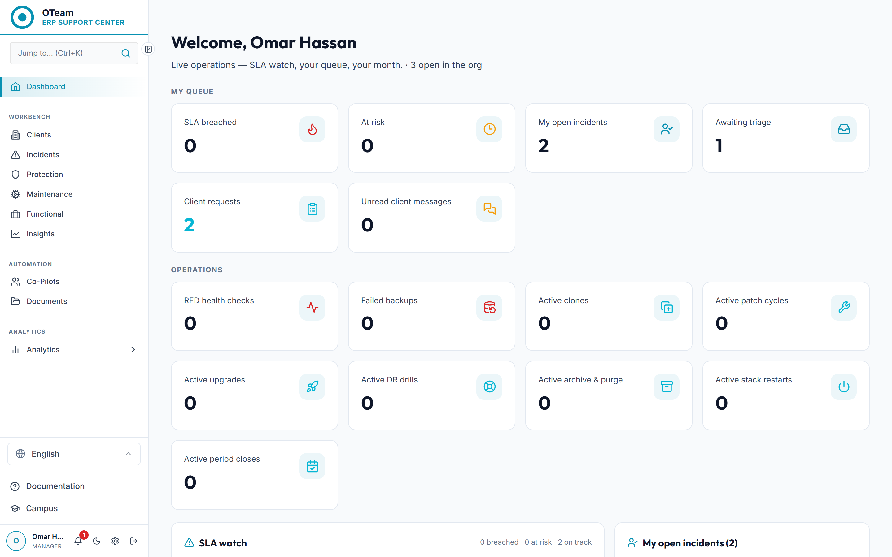 The OTeam engineering workbench showing the request queue, SLA watch and live operations