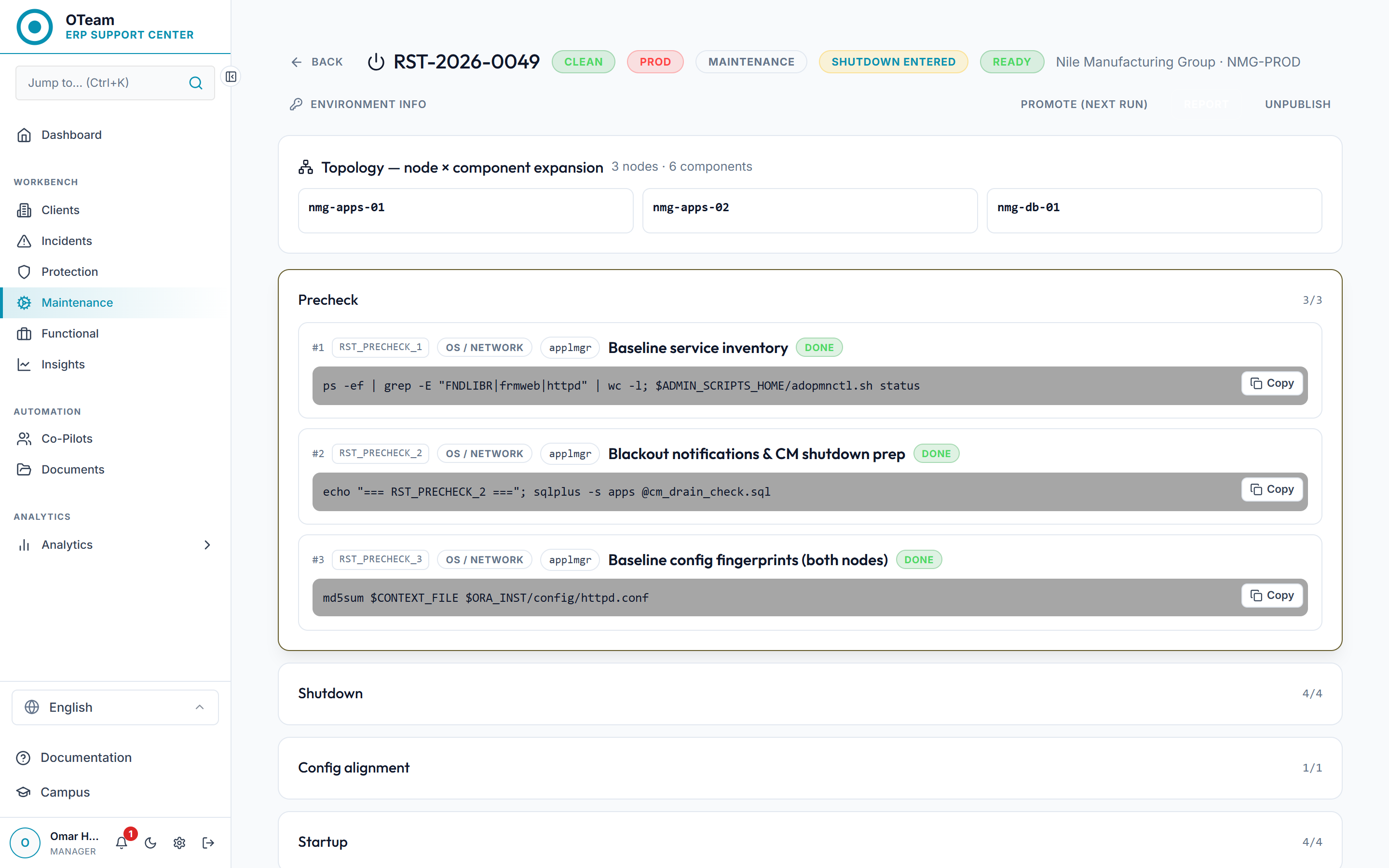 A runbook workspace in the OTeam workbench, showing the environment topology, phased steps and evidence on record